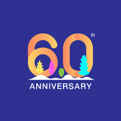 60 years anniversary celebration logotype. Multicolor number with modern leaf and snow background. Design for booklet, leaflet, magazine, brochure, poster, web, invitation or greeting card.