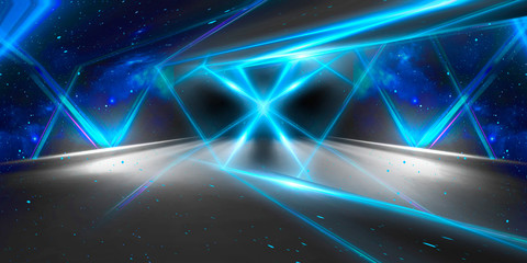 Background wall with neon lines and rays. Background of an empty dark corridor with neon light. Abstract background with lines and glow.