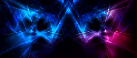 Background wall with neon lines and rays. Background of an empty dark corridor with neon light. Abstract background with lines and glow.