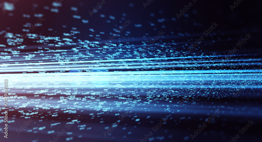 Poster Abstract illustration of a data channel. Motion of digital data flow. Transferring of big data. Binary code processing. Transfer and storage of data sets