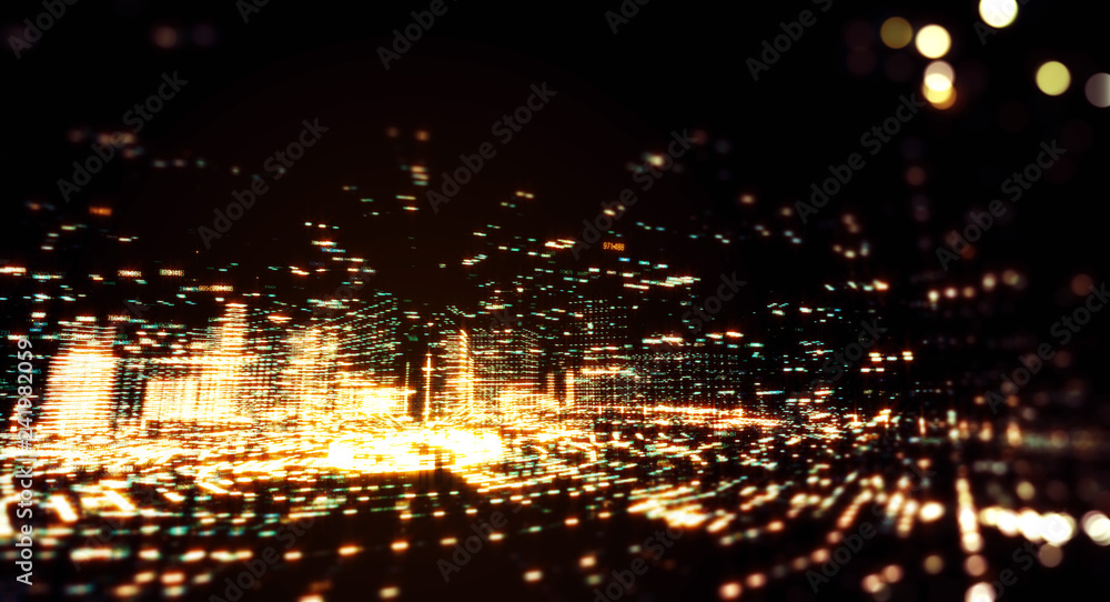 Poster Abstract illustration of a data channel. Motion of digital data flow. Transferring of big data. Binary code processing. Transfer and storage of data sets