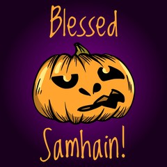 Blessed Samhain greeting card. Halloween banner or poster.