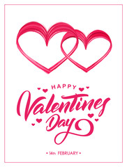 Greeting card with hand lettering of Happy Valentines Day and brush stroke paint shape of two hearts