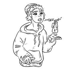 Lineart contour of beautiful young witch with candle. Vector illustration