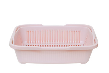 Pink plastic tray with cat litter box. White isolate Close-up.