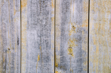 Weathered wooden board texture with remnants of yellow paint. Close-up.