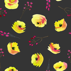 Watercolor yellow roses and pink branches seamless pattern