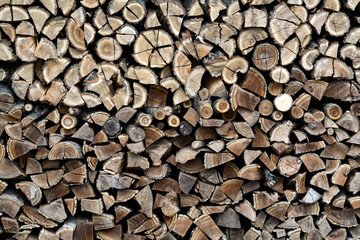 Chopped firewood background, Firewood stack for fire.