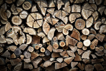 Chopped firewood background, Firewood stack for fire.