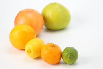 different citrus fruits on white background