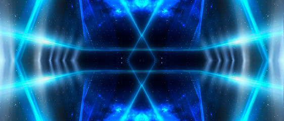 Abstract blue background with rays, laser. Dark empty scene, rays of light.