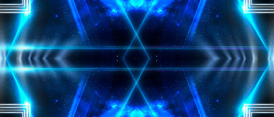 Abstract blue background with rays, laser. Dark empty scene, rays of light.