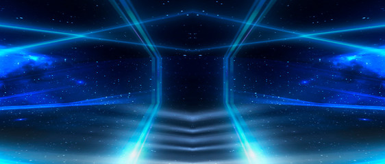 Abstract blue background with rays, laser. Dark empty scene, rays of light.