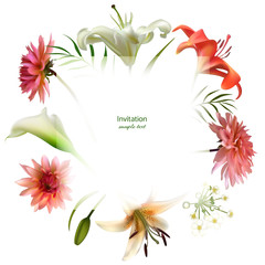 White flowers. Floral background. Calla. Lilies. Green leaves. Dahlia. Pink.