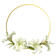 Flowers. Floral background. Lilies. White. Green leaves. Border. Gold ring.