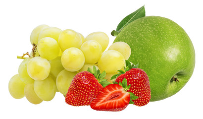 Fresh grapes, strawberry and apples isolated on white background with clipping pass