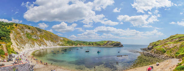 panorama view over the lulworth cove, uk. - obrazy, fototapety, plakaty