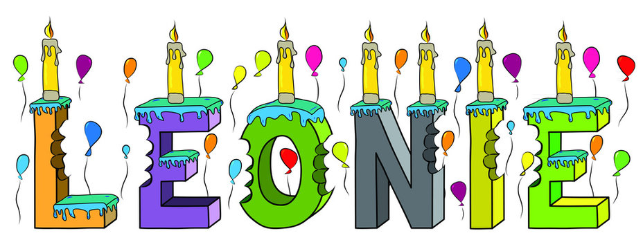 Leonie female first name bitten colorful 3d lettering birthday cake with candles and balloons