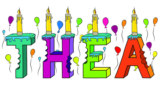 Thea female first name bitten colorful 3d lettering birthday cake with candles and balloons