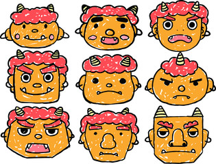Hand-drawn cute yellow demon's face set