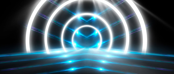 Abstract arch, tunnel, neon light, rays.