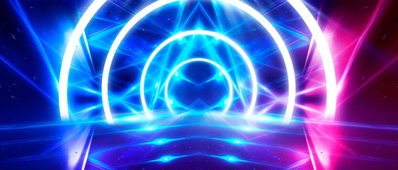 Abstract arch, tunnel, neon light, rays.