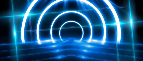 Abstract arch, tunnel, neon light, rays.