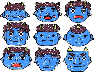Fotobehang Hand-drawn cute blue demon's face set © YUKI　MURATA