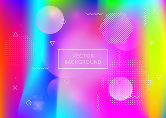 Fluid shapes background with liquid dynamic elements. Holographic bauhaus gradient with memphis. Graphic template for brochure, banner, wallpaper, mobile screen. Neon fluid shapes background.