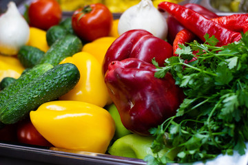 vegetable crops in the drawer, food closeup 