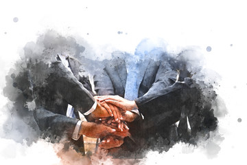 Abstract Join hands business concept and handshake concept on watercolor painting background.