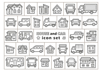 車と家のアイコンセット(手書風線画のみ)
