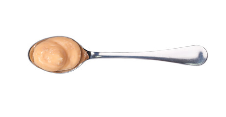 Shrimp sauce in small metal spoon  isolated on white background,top view