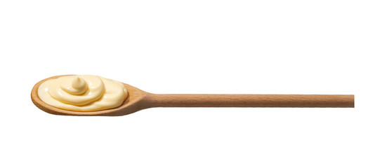 Mayonnaise sauce in wooden spoon isolated on white background,top view