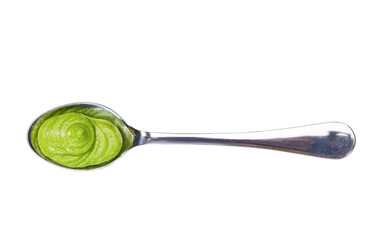 Wasabi sauce in small metal spoon  isolated on white background,top view