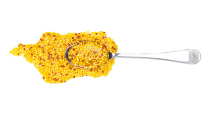 Mustard sauce, wholegrain mustard in small metal spoon  isolated on white background,top view