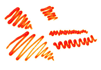 Obraz premium Drizzle tomato ketchup isolated on white background,top view