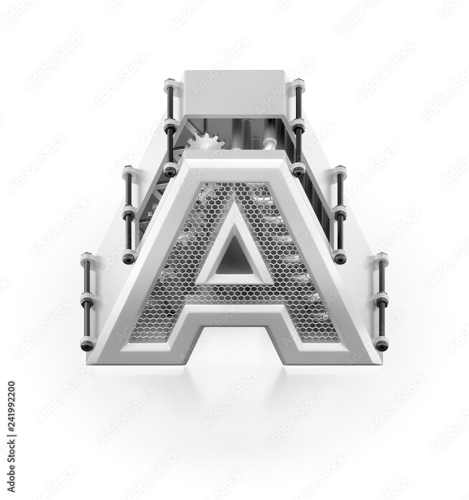 Poster capital a of alphabet. orthographic view at designed in techno-style letter 'a' assemled from mechan