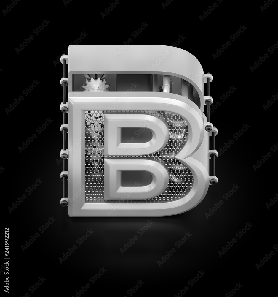 Poster capital b of alphabet. orthographic view at designed in techno-style letter 'b' assemled from mechan