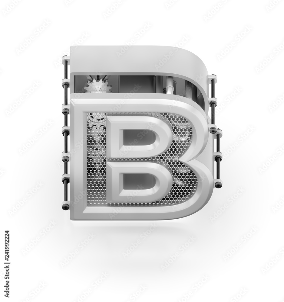 Aufkleber capital b of alphabet. orthographic view at designed in techno-style letter 'b' assemled from mechan
