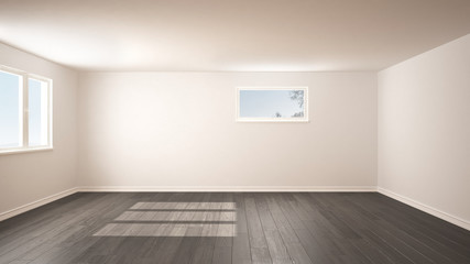 Fototapeta premium Empty room interior design, open space with two panoramic windows, modern style, parquet wooden floor, minimalist contemporary architecture