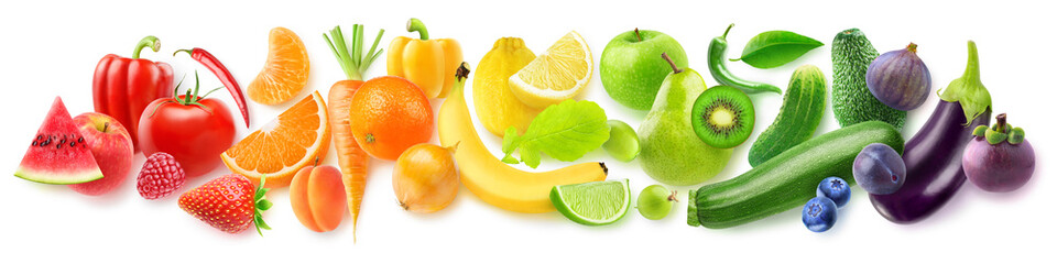 Geïsoleerde vruchten in een lijn. Regenboog gemaakt van verse groenten en fruit geïsoleerd op een witte achtergrond met uitknippad