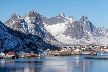 Reine small fishing village in Lofoten archipelago in clearly day, Norway