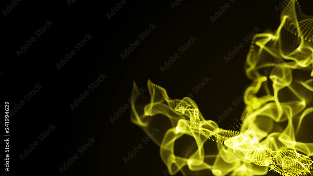 Poster futuristic dots pattern. explosion of twisted waves on a dark background. global network connection.