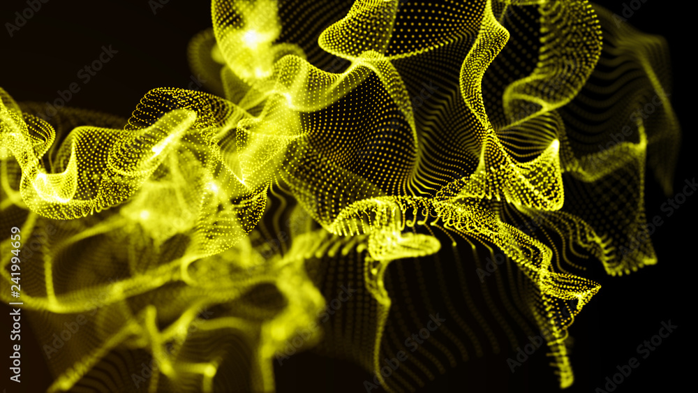 Poster futuristic dots pattern. explosion of twisted waves on a dark background. global network connection.