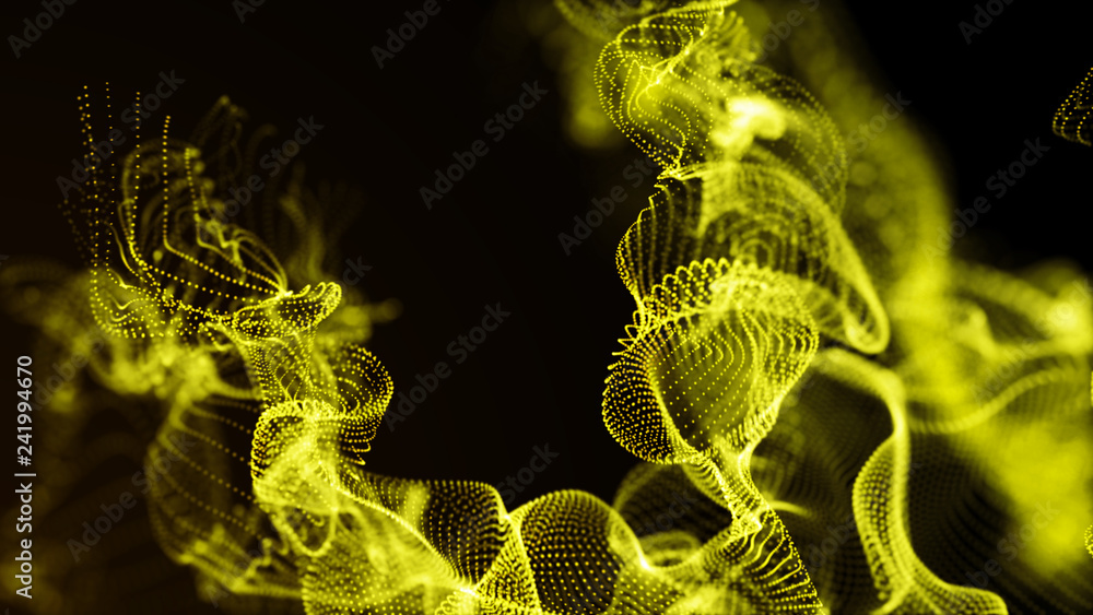 Poster futuristic dots pattern. explosion of twisted waves on a dark background. global network connection.