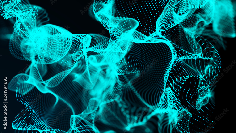 Poster futuristic dots pattern. explosion of twisted waves on a dark background. global network connection.