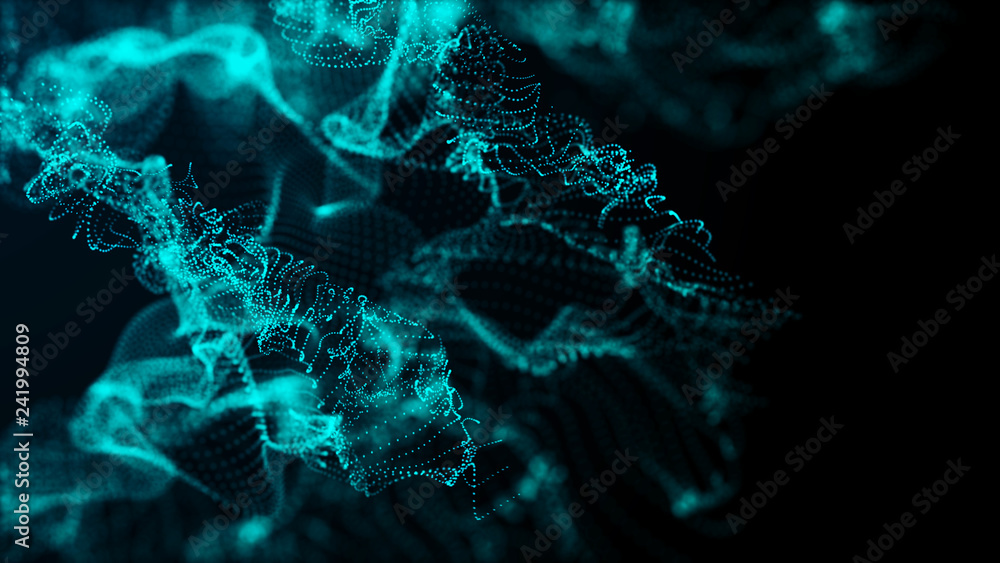 Poster futuristic dots pattern. explosion of twisted waves on a dark background. global network connection.
