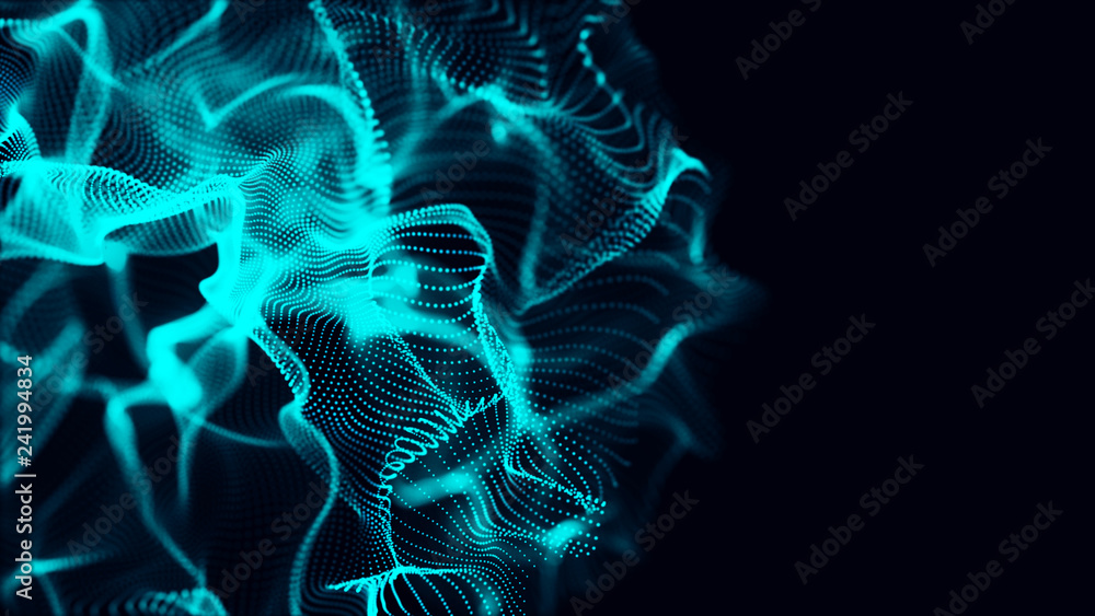 Poster futuristic dots pattern. explosion of twisted waves on a dark background. global network connection.
