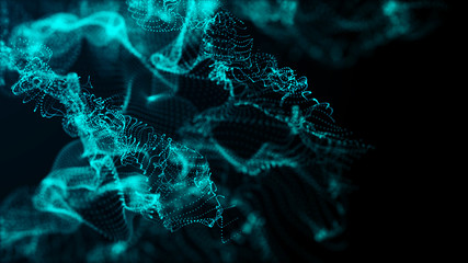Futuristic dots pattern. Explosion of twisted waves on a dark background. Global network connection. Wave of particles. Big data. 3d rendering.